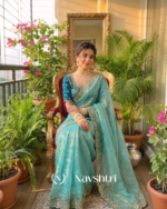 Extraordinary Turquoise Fendy Silk Sequence Embroidery Work Saree With Stitched Blouse - Image 3