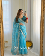 Prettiest Sky Fendy Silk Sequence Embroidery Work Saree With Stitched Blouse - Image 2