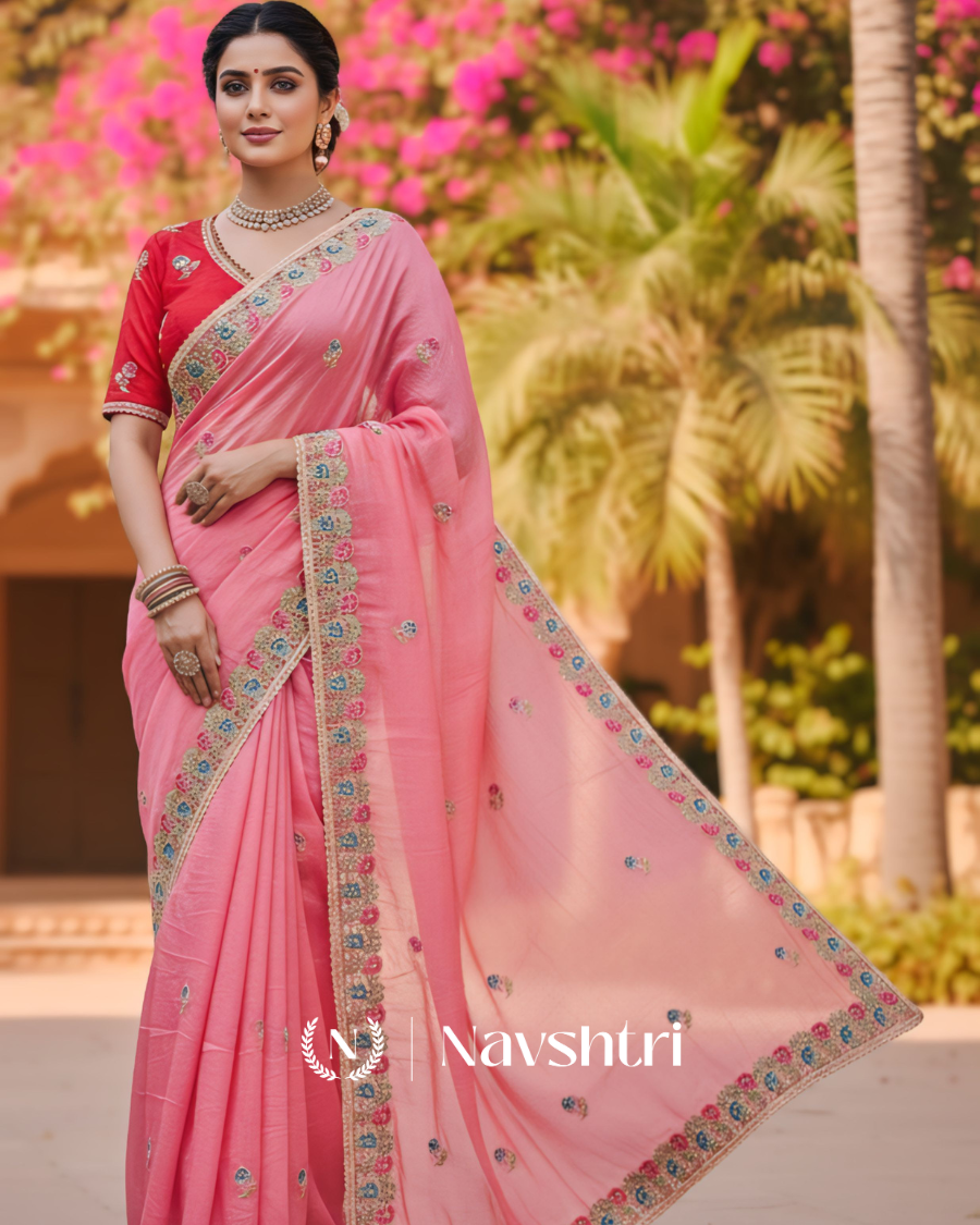 Image00002 Precious Pink Embroidery Work Cursh Silk Saree With Stunning Full Stitched Blouse - Image 1
