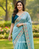Prodigal Sky Embroidery Work Cursh Silk Saree With Pulsating Full Stitched Blouse - Image 2