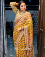 Improbable Yellow Chinon Silk Printed Mirror Work Saree - Image 3