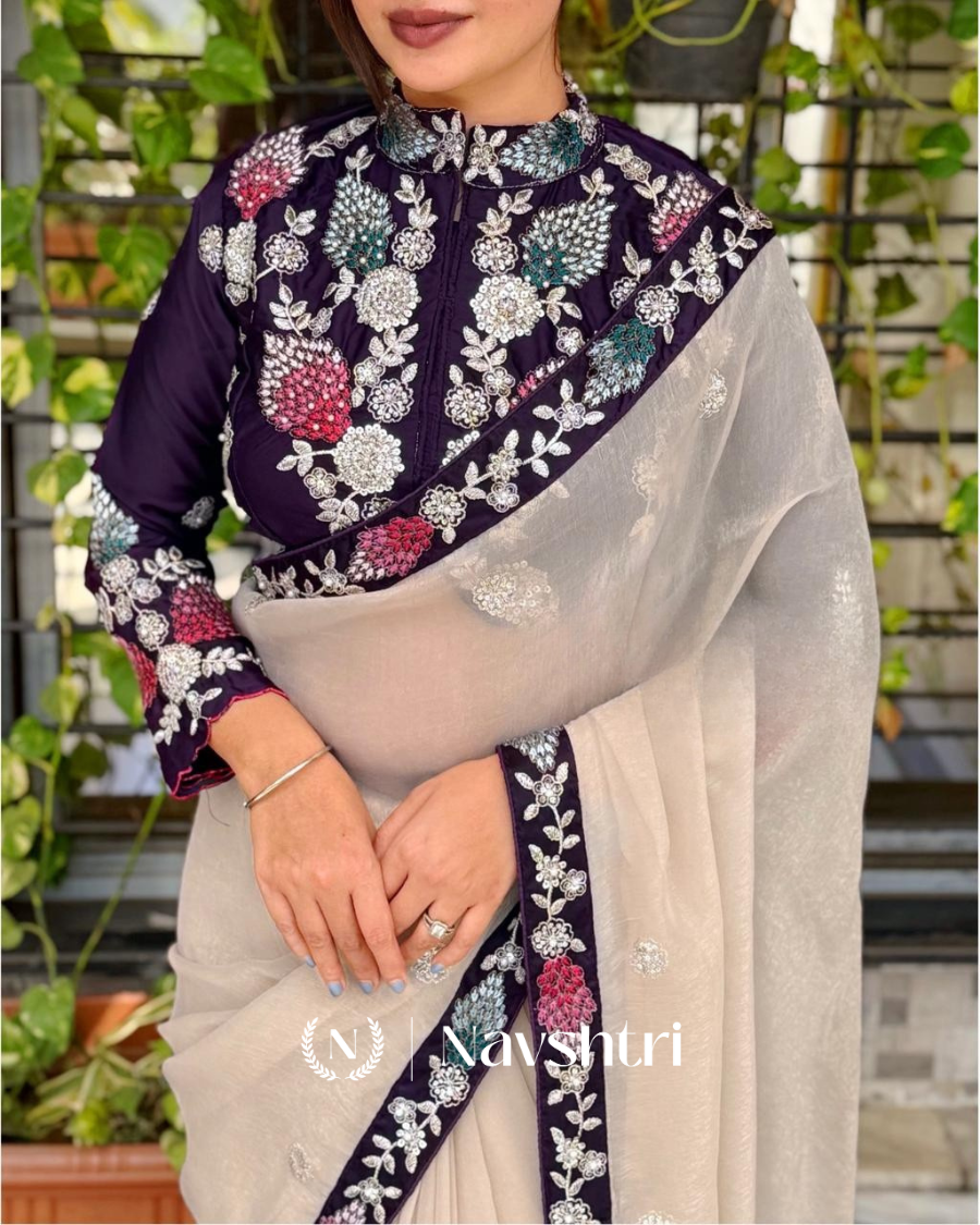Image00003 Vibrant Beige Rangoli Silk Sequence Embroidery Work Saree With Stitched Blouse - Image 1