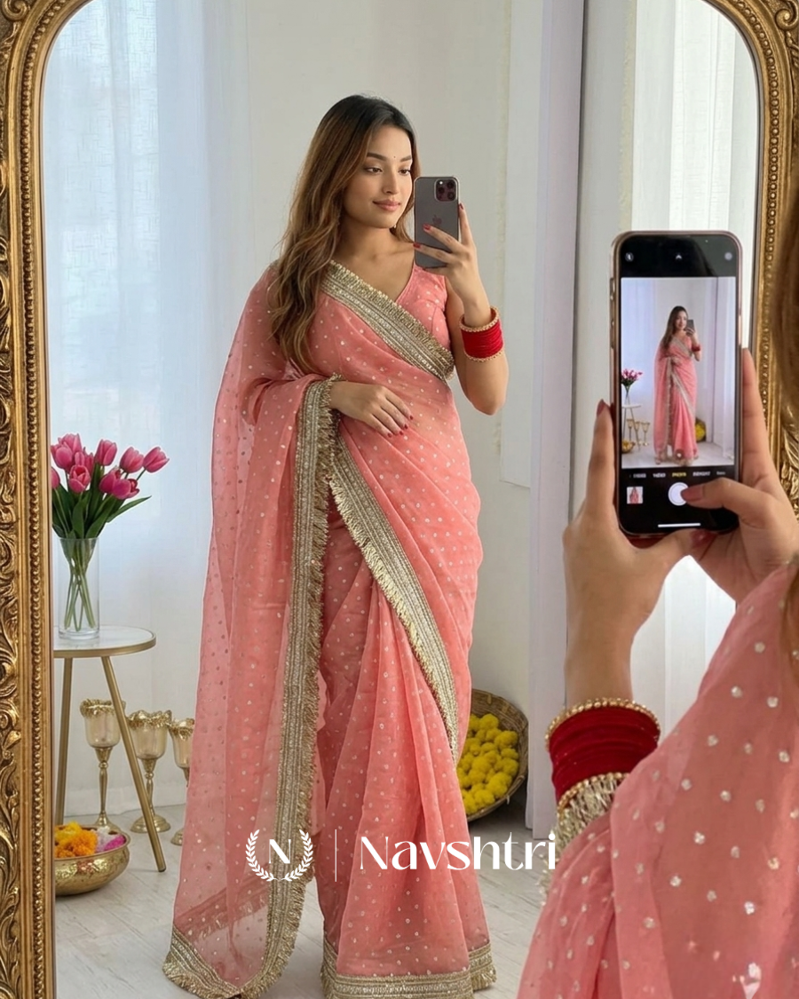 Image00003 Engrossing Peach Moss Silk Zari Woven Fancy Lace Border Saree - Image 1