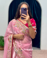 Bewitching Pink Embroidery Work Jimmy Choo Silk Saree With Redolent Blouse Piece - Image 4