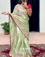 Sonorous Pista Embroidery Work Jimmy Choo Silk Saree With Adorable Blouse Piece - Image 3