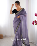 Flattering Lavender Twill Net Embroidery Work Saree With Velvet Blouse Piece - Image 3