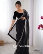 Captivating Black Twill Net Embroidery Work Saree With Velvet Blouse Piece - Image 3