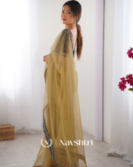 Classy Beige Twill Net Embroidery Work Saree With Velvet Blouse Piece - Image 3