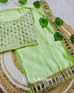 Dazzling Pista Satin Silk Mirror Work Saree With Splendorous Blouse Piece - Image 3