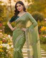 Beautiful Green Embroidery Work Chiffon Silk Saree With Fairytale Full Stitched Blouse - Image 3