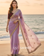 Ethereal Lavender Embroidery Work Jimmy Choo Silk Saree With Scrumptious Full Stitched Blouse - Image 3