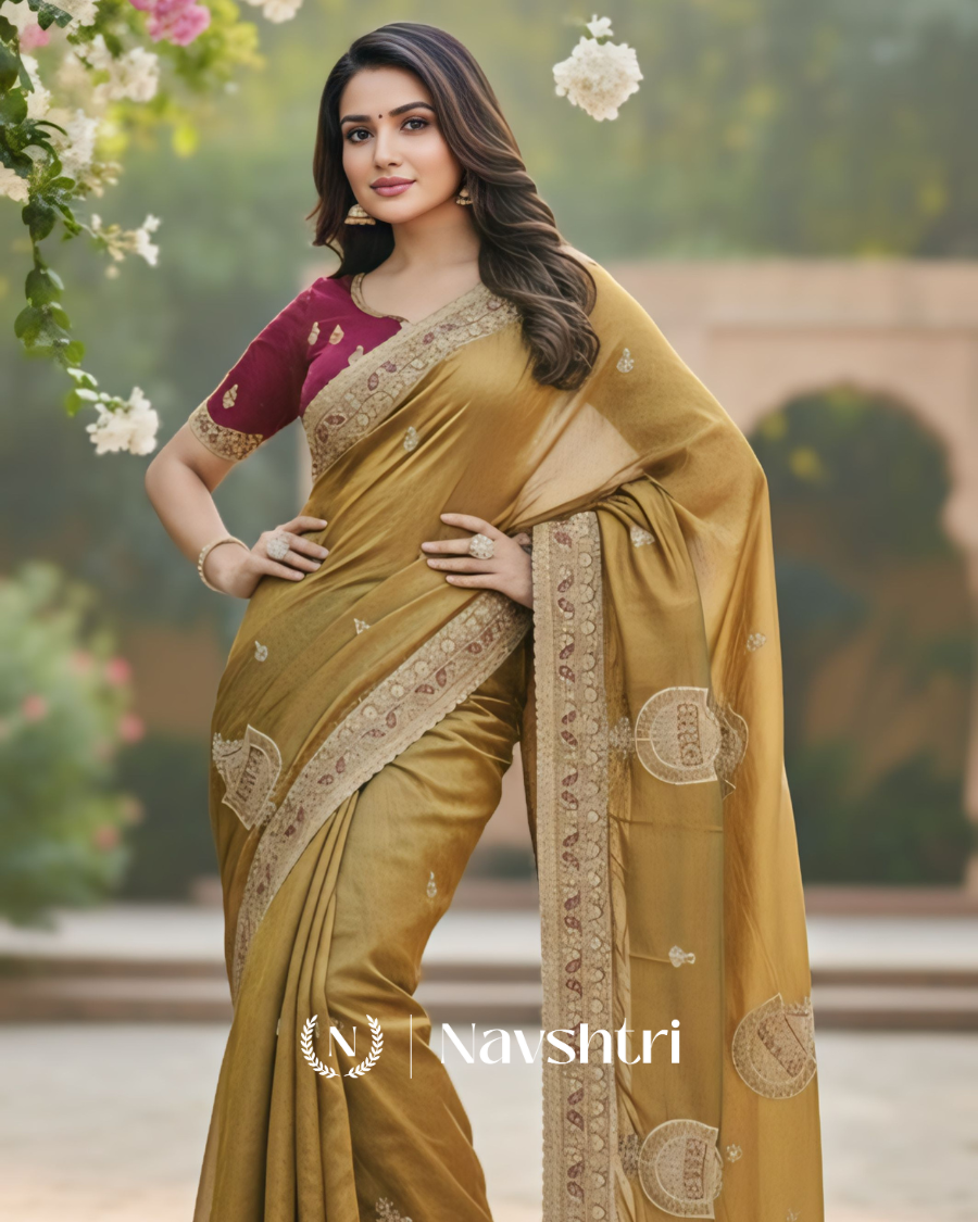 Image00003 Resonant Mustard Embroidery Work Chiffon Silk Saree With Phenomenal Full Stitched Blouse - Image 1