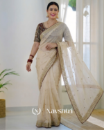 Prominent Beige Rangoli Silk Sequence Embroidery Work Saree With Stitched Blouse - Image 3