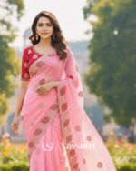 Flameboyant Pink Fancy Silk Embroidery Work Saree With Stitched Blouse - Image 3