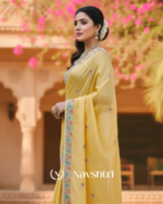 Murmurous Yellow Embroidery Work Cursh Silk Saree With Sempiternal Full Stitched Blouse - Image 3