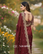 Elegant Wine Embroidery Work Fancy Silk Saree With Comely Full Stitched Blouse - Image 5