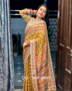 Improbable Yellow Chinon Silk Printed Mirror Work Saree - Image 4