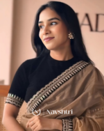 Wonderful Brown Twill Net Embroidery Work Saree With Velvet Blouse Piece - Image 4