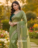 Beautiful Green Embroidery Work Chiffon Silk Saree With Fairytale Full Stitched Blouse - Image 4