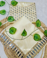 Splendorous Beige Satin Silk Mirror Work Saree With Elision Blouse Piece - Image 4