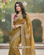 Resonant Mustard Embroidery Work Chiffon Silk Saree With Phenomenal Full Stitched Blouse - Image 4