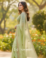 Innovative Pista Embroidery Work Jimmy Choo Silk Saree With Blooming Full Stitched Blouse - Image 4