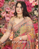 Pulsating Multicolor Chinon Silk Printed Mirror Work Saree - Image 4