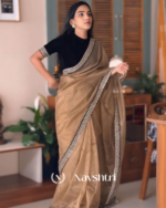Wonderful Brown Twill Net Embroidery Work Saree With Velvet Blouse Piece - Image 5