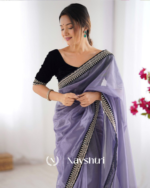 Flattering Lavender Twill Net Embroidery Work Saree With Velvet Blouse Piece - Image 5