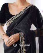 Captivating Black Twill Net Embroidery Work Saree With Velvet Blouse Piece - Image 5