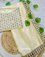 Splendorous Beige Satin Silk Mirror Work Saree With Elision Blouse Piece - Image 5