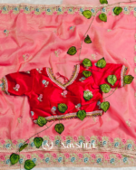Precious Pink Embroidery Work Cursh Silk Saree With Stunning Full Stitched Blouse - Image 5