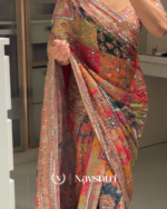 Pulsating Multicolor Chinon Silk Printed Mirror Work Saree - Image 5