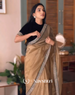 Wonderful Brown Twill Net Embroidery Work Saree With Velvet Blouse Piece - Image 6