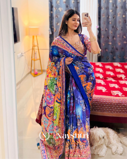 Zephyr Multicolor Chinon Silk Printed Mirror Work Saree