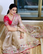Enticing Beige Embroidery Work Jimmy Choo Silk Saree With Ephemeral Blouse Piece - Image 7